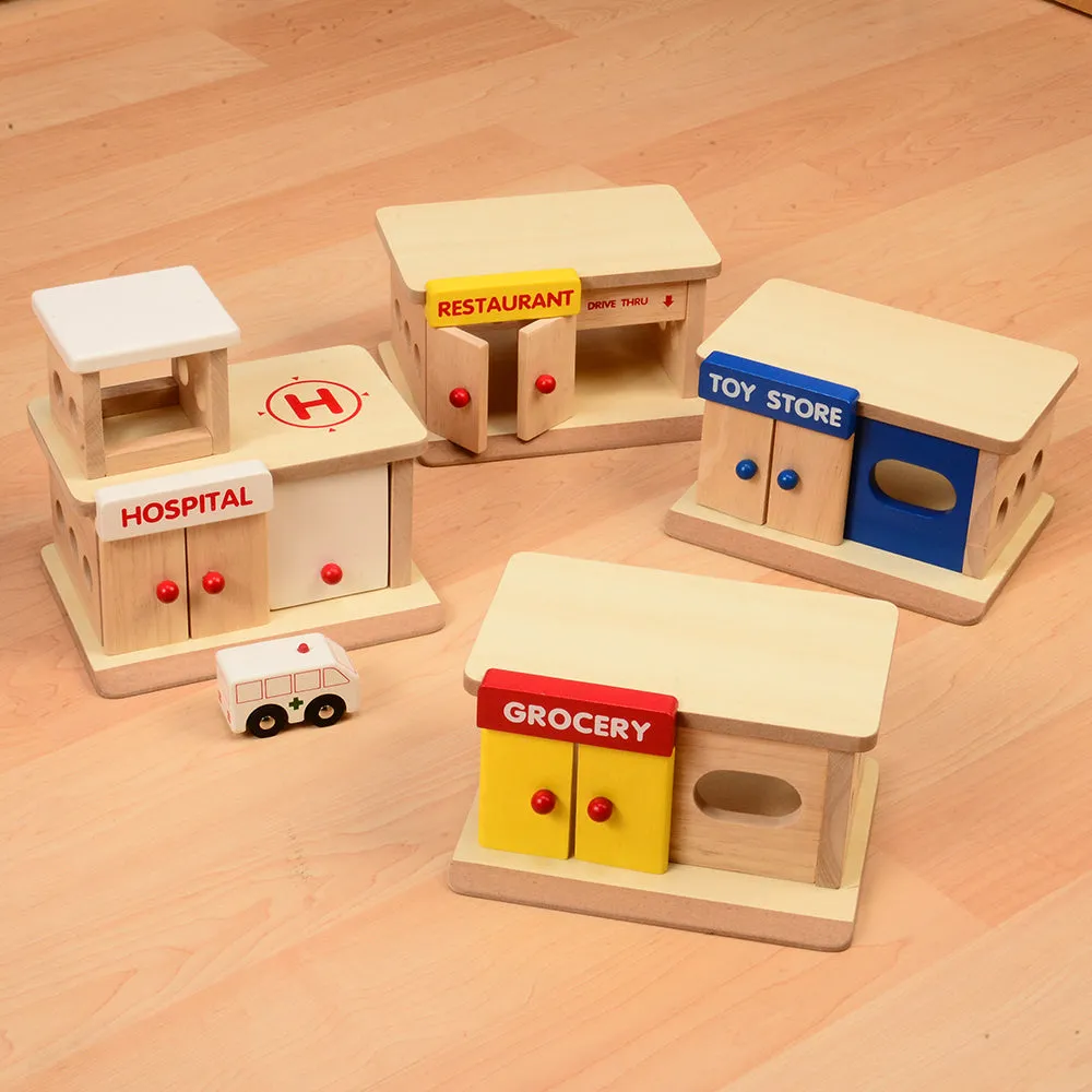 Block Play Set: Hospital, Toy Store, Grocery and Restaurant